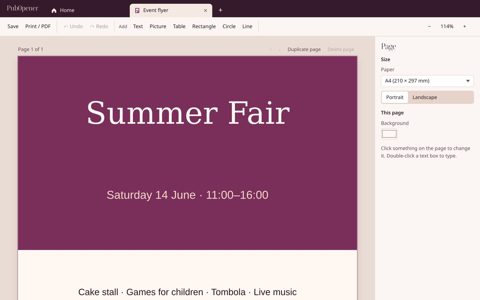 PubOpener's Layout tab with a summer fair flyer open, toolbar along the top and the page in the middle