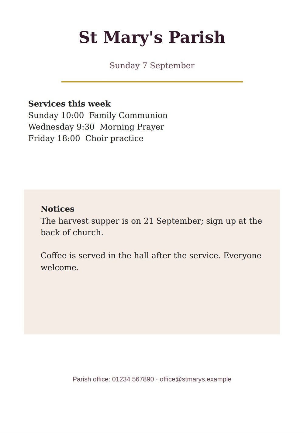 A church bulletin with services and notices