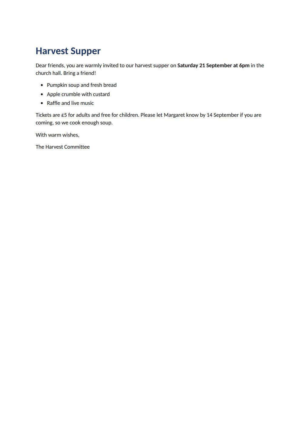 A letter inviting friends to a harvest supper